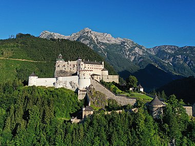 Hohenwerfen Fortress - view of the castle on a steep rock cone high above the Salzach Valley
