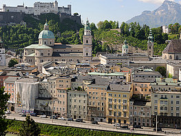 Fortress Hohensalzburg - view over the old town of Salzburg to the Mönchsberg with fortress