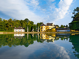 Hellbrunn Palace & Water Games - View over the water parterre to the Crown Grotto